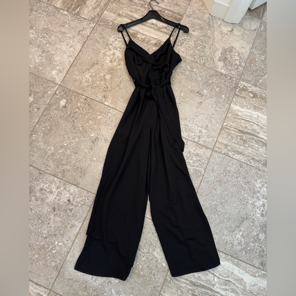 NWT She + Sky Classic Black Wide Leg Spaghetti Strap V Neck Jumpsuit